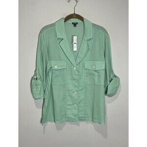J Crew Camp Collar Shirt Women's 4 Green Linen‎ Blend Button Up Beach Resort